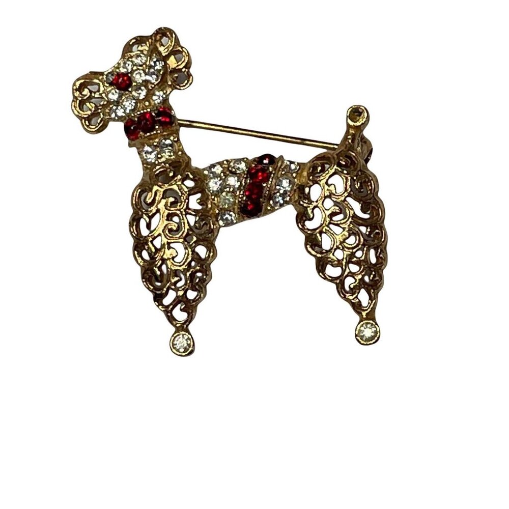 Gold Tone Poodle Dog Brooch Pin Rhinestone Open Work MCM Red Clear Crystal